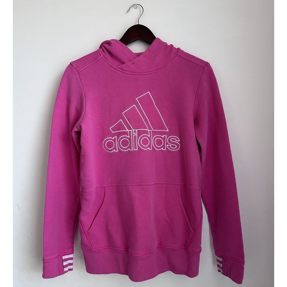 adidas Logo Hoodie Women's Size Small S Pink Pullover Sweatshirt Stripe Cuffs